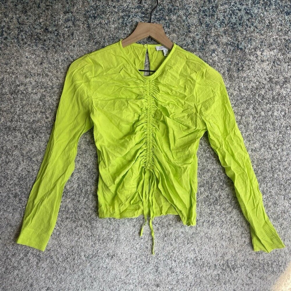 Top Shop Lime Green Long Sleeve Ruched Front Top Size 4‎